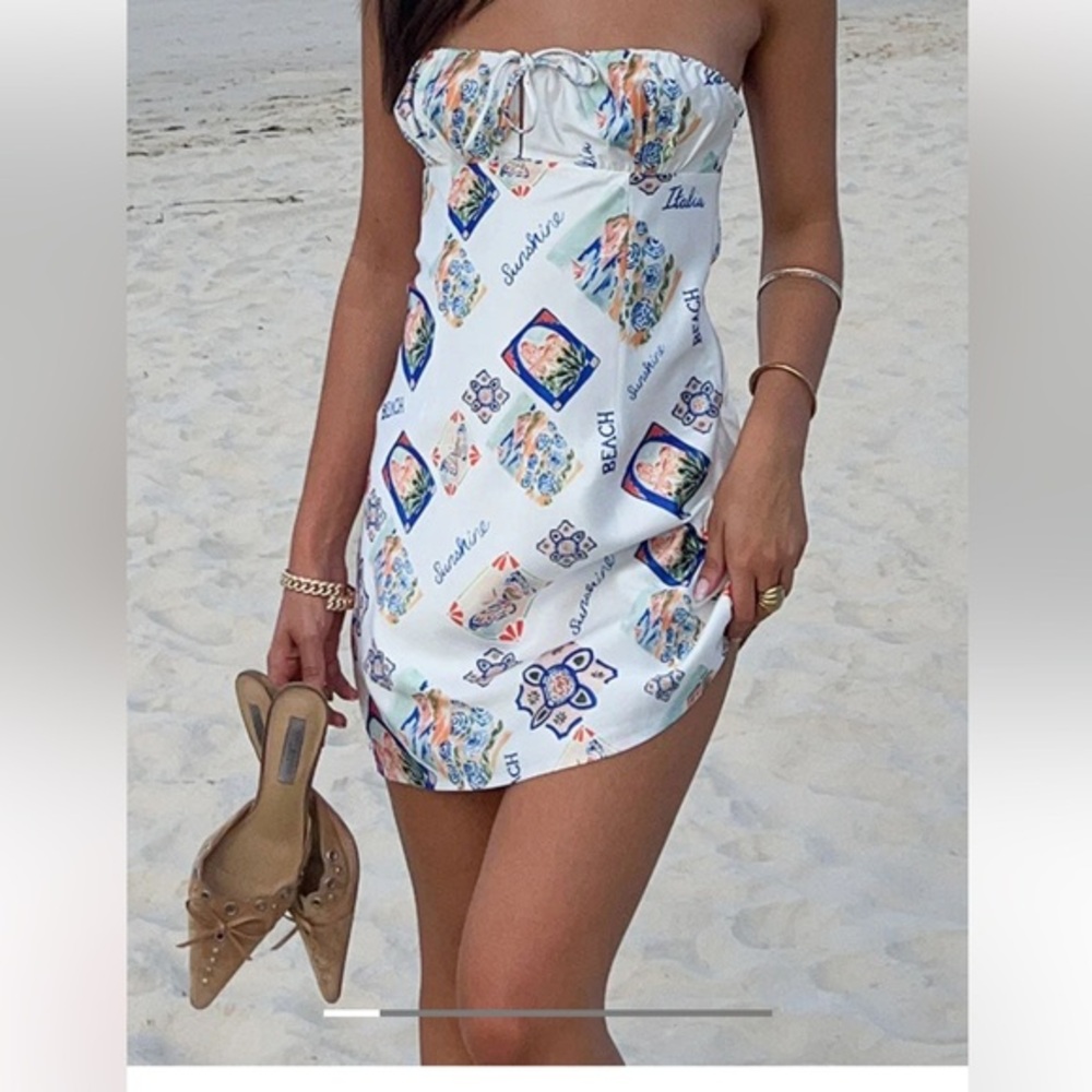 Beginning Boutique Orion Strapless Mini Dress Italia Print Resort Style US 6